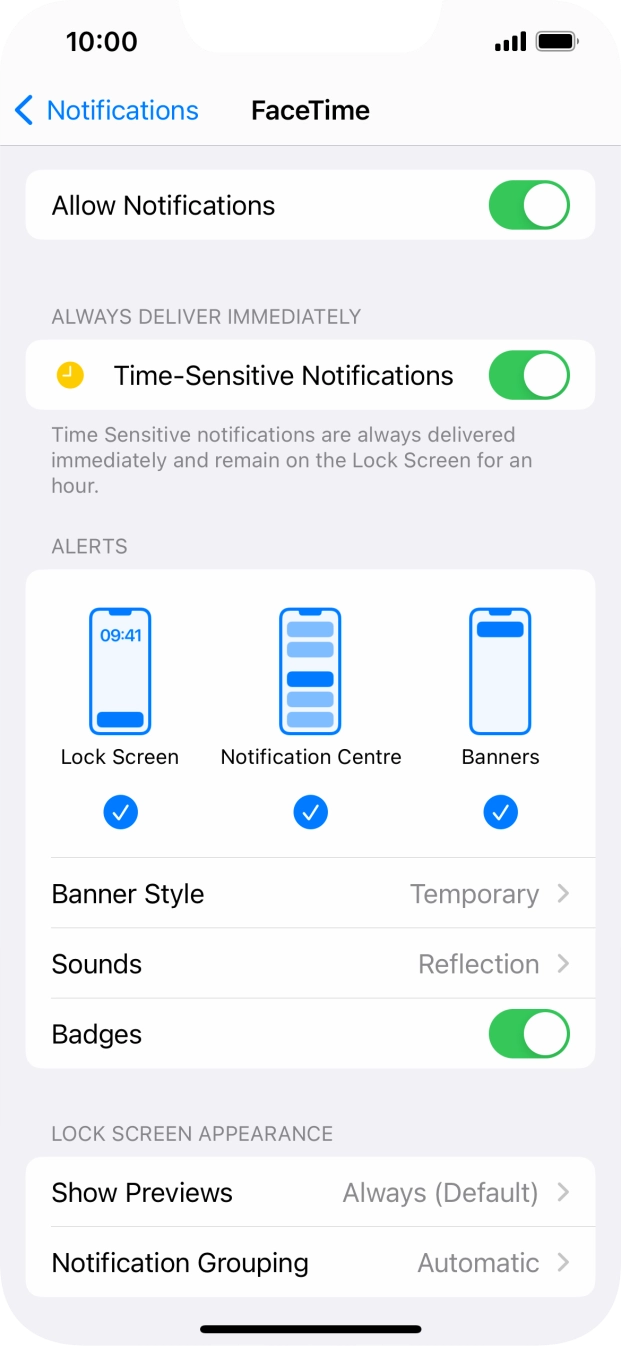 Press the indicator next to 'Allow Notifications' to turn notifications for the selected application on or off.