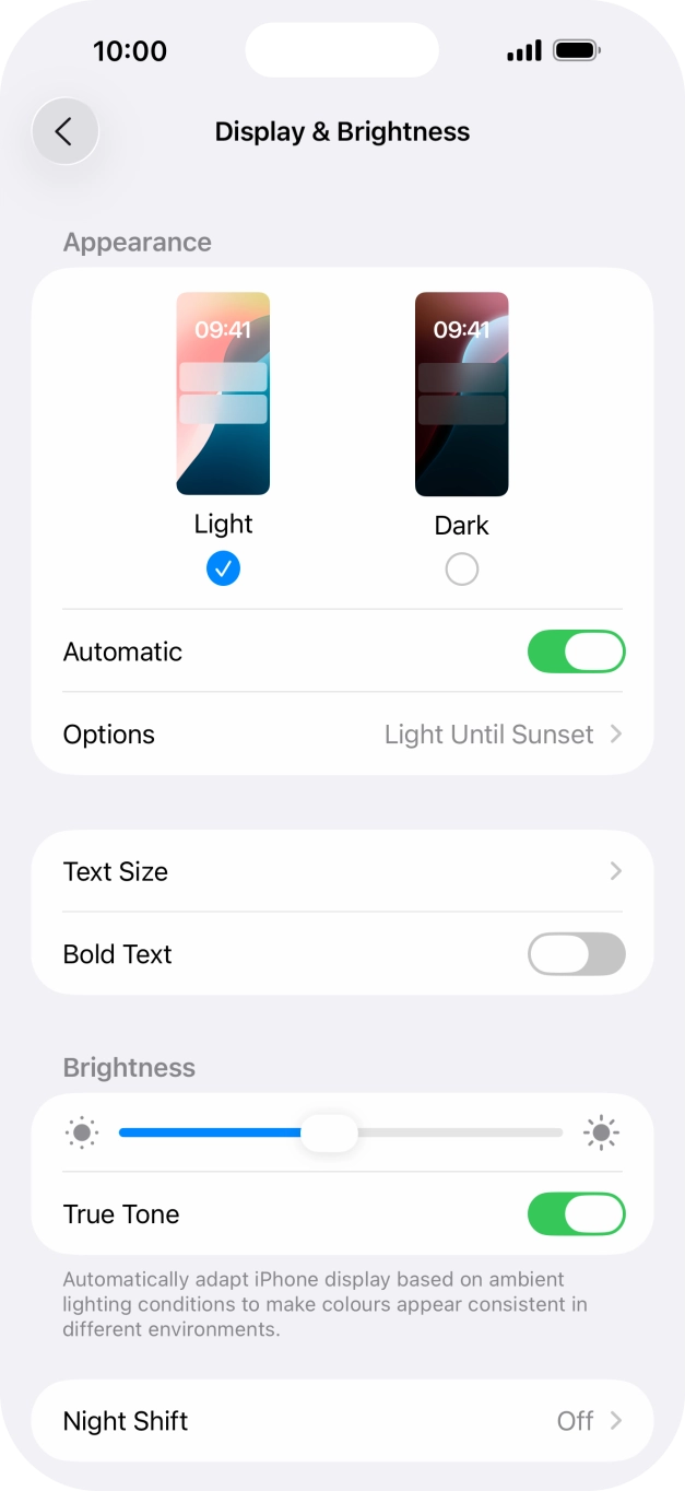 If you turn on the function, press Options and follow the instructions on the screen to select the required period of time for Dark Mode. If you turn on the function, press Options and follow the instructions on the screen to select the required period of time for Dark Mode.