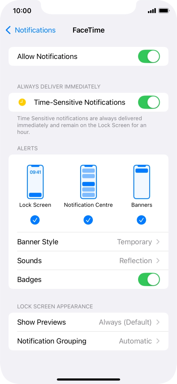 Press the indicator next to 'Allow Notifications' to turn notifications for the selected application on or off.