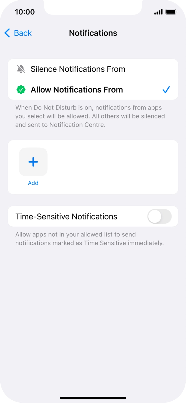 Press the indicator next to 'Time-Sensitive Notifications' to turn display of timed notifications on or off when Do Not Disturb is turned on. Press the indicator next to 'Time-Sensitive Notifications' to turn display of timed notifications on or off when Do Not Disturb is turned on.
