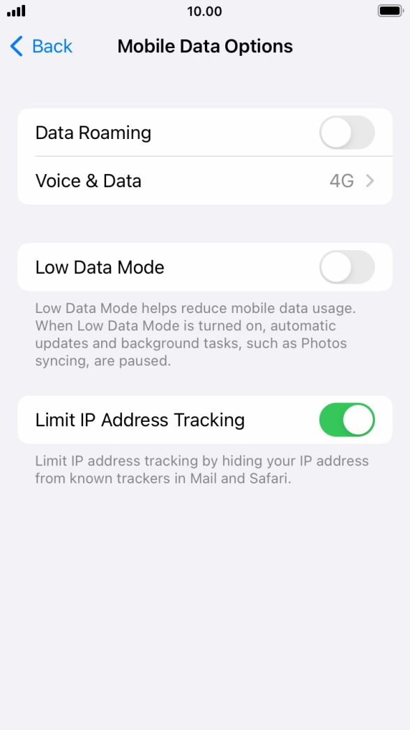 Press the indicator next to 'Data Roaming' to turn the function on or off.