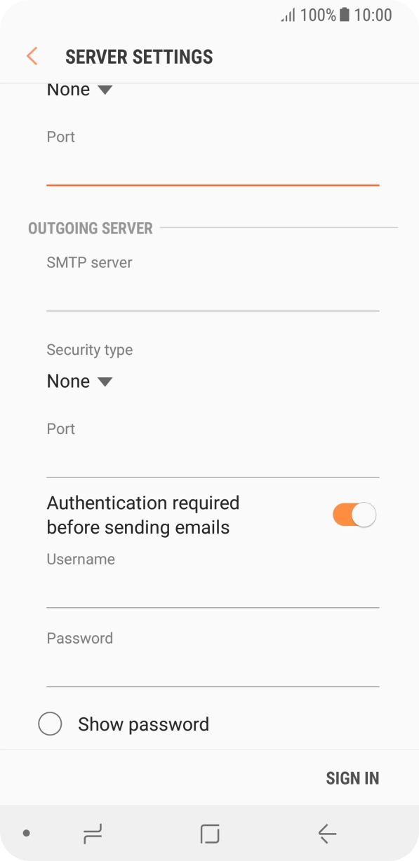 Press the field below 'SMTP server' and key in the name of your email provider's outgoing server. Press the field below 'SMTP server' and key in the name of your email provider's outgoing server.