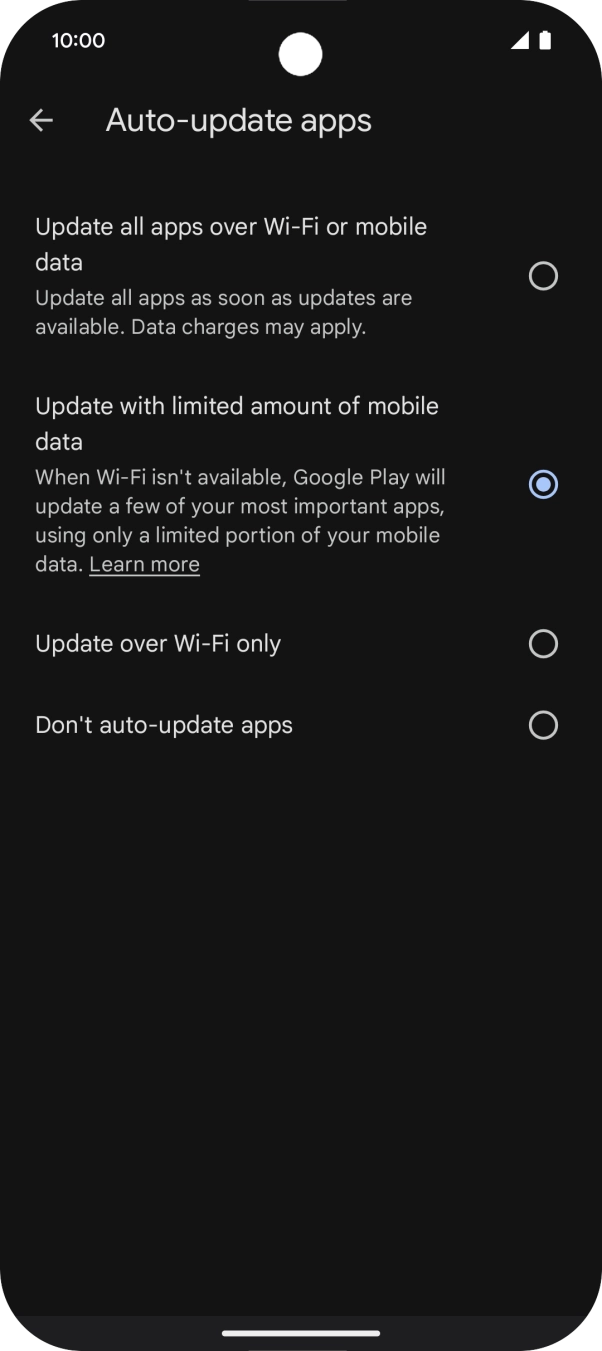 To turn on automatic update of apps using mobile network, press Update all apps over Wi-Fi or mobile data. To turn on automatic update of apps using mobile network, press Update all apps over Wi-Fi or mobile data.