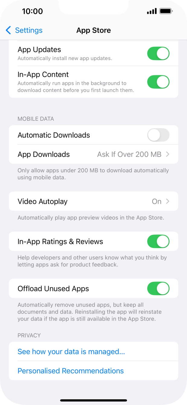 Press the indicator next to 'Offload Unused Apps' to turn the function on or off. Press the indicator next to 'Offload Unused Apps' to turn the function on or off.