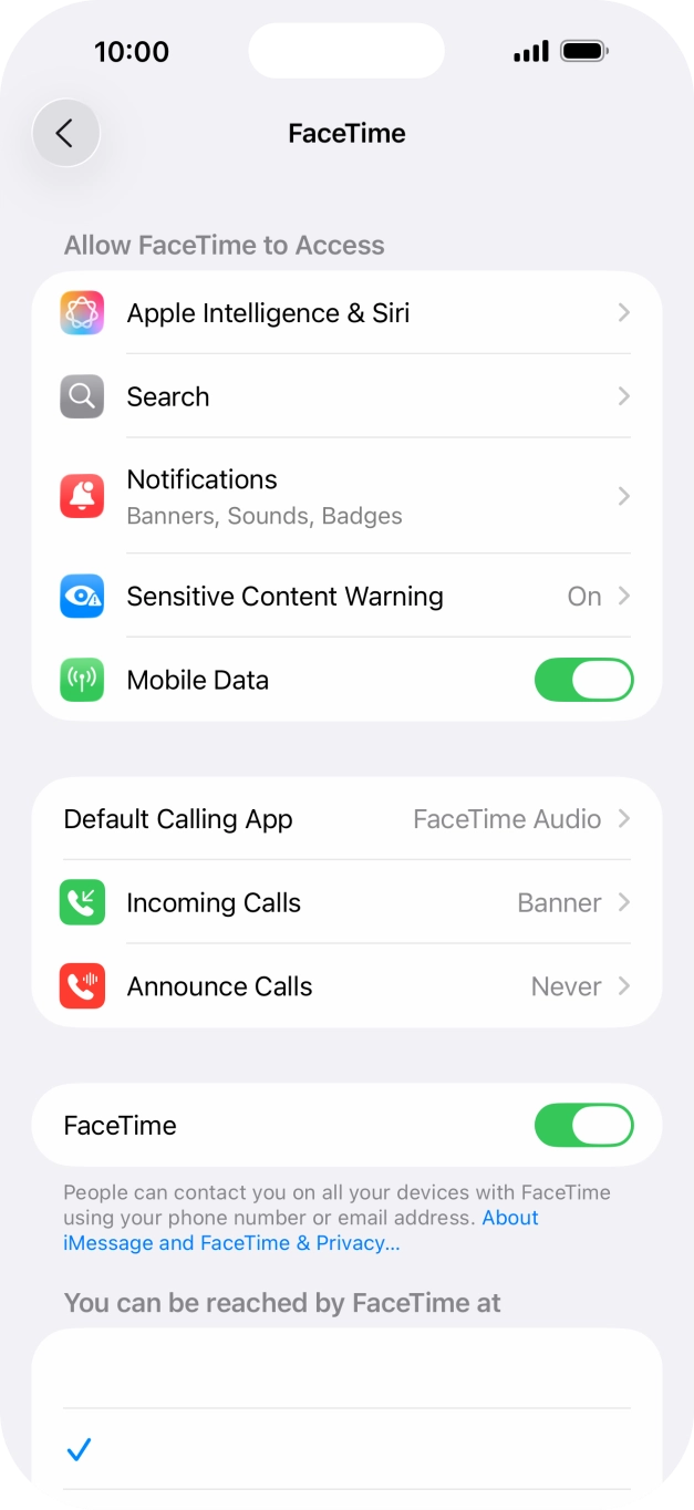 Press the indicator next to 'FaceTime' to turn the function on or off. Press the indicator next to 'FaceTime' to turn the function on or off.