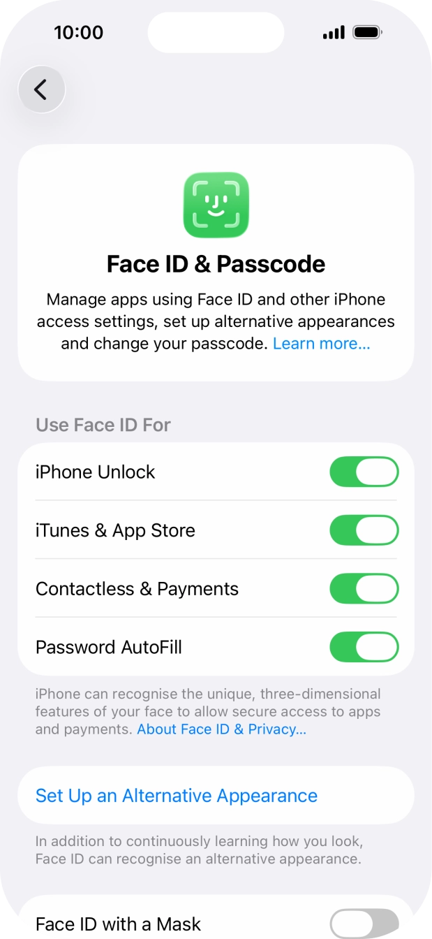 Press the indicators next to the required settings to turn them on or off.