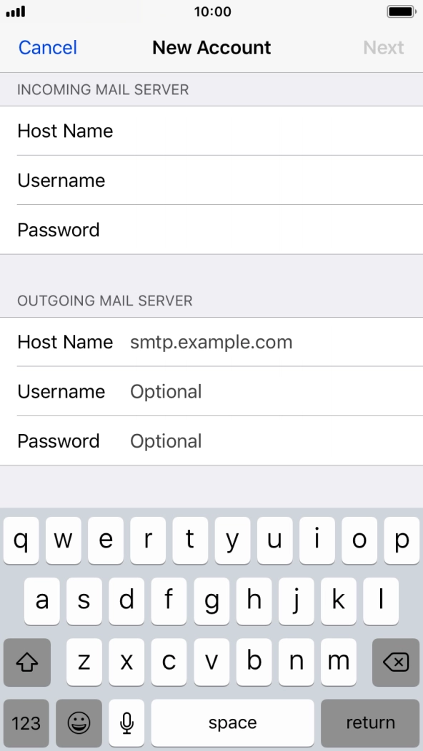 Press Host Name and key in the name of your email provider's outgoing server. Press Host Name and key in the name of your email provider's outgoing server.