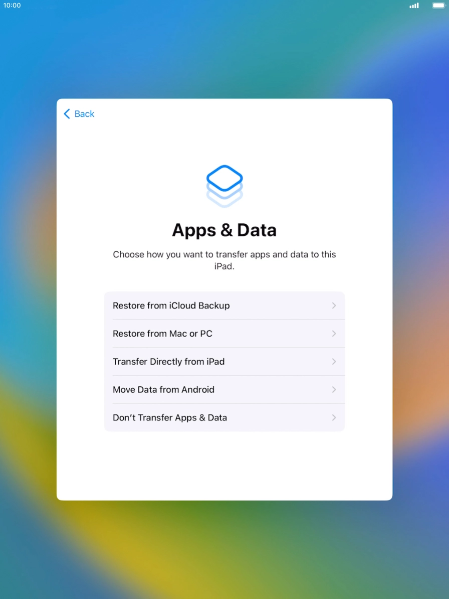 Press Don't Transfer Apps & Data and follow the instructions on the screen to finish the activation. Press Don't Transfer Apps & Data and follow the instructions on the screen to finish the activation.