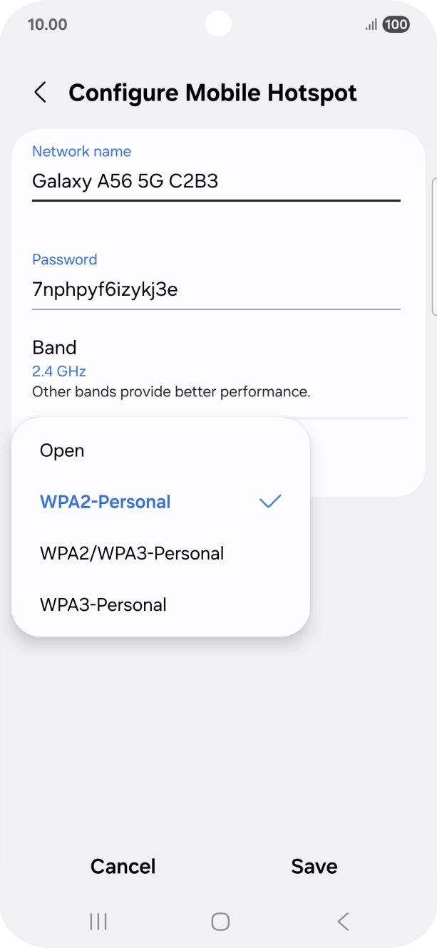 Press WPA3-Personal to password protect your WiFi hotspot. Press WPA3-Personal to password protect your WiFi hotspot.