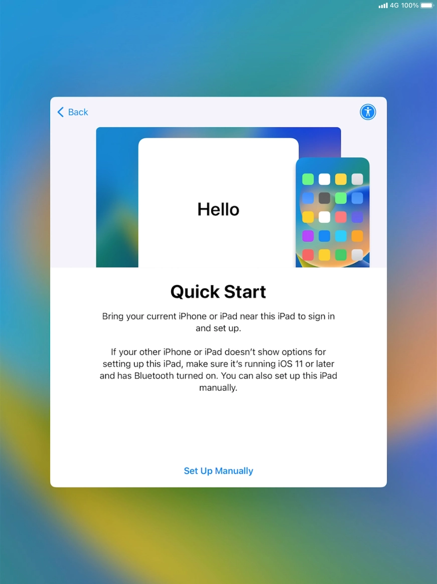 Follow the instructions on the screen to transfer content from another device running iOS 11 or later or press Set Up Manually. Follow the instructions on the screen to transfer content from another device running iOS 11 or later or press Set Up Manually.