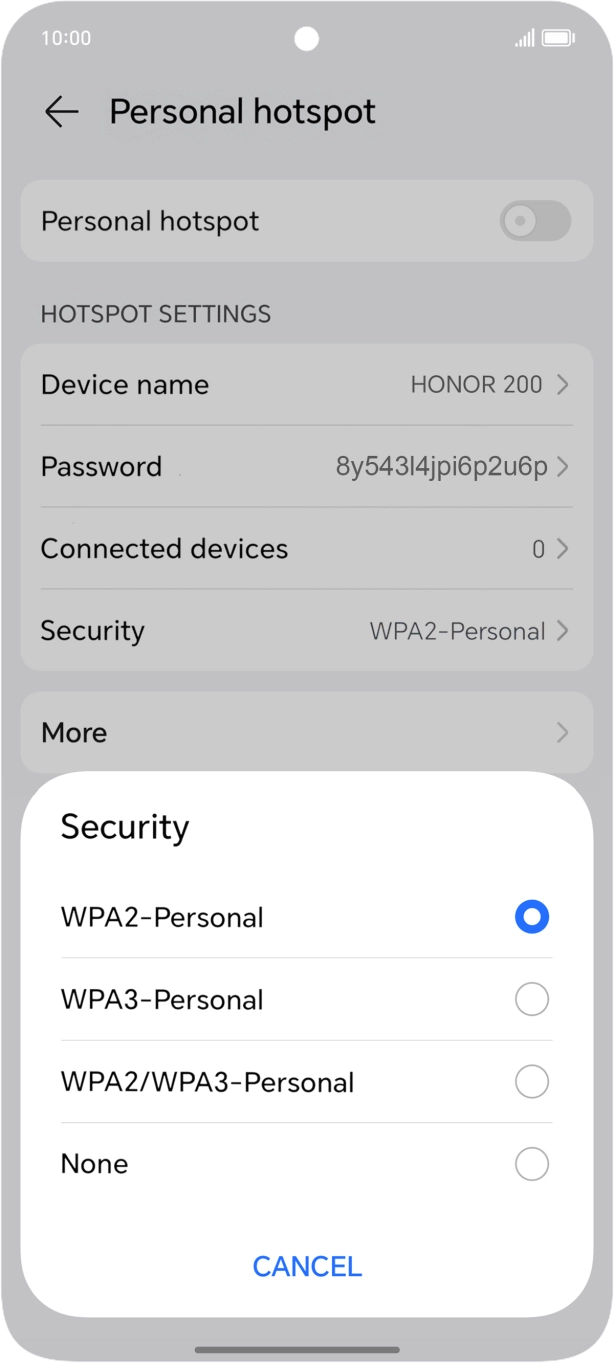 Press WPA3-Personal to password protect your WiFi hotspot. Press WPA3-Personal to password protect your WiFi hotspot.