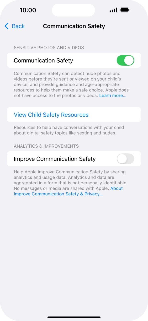 Press the indicator next to 'Communication Safety' to turn the function on or off.