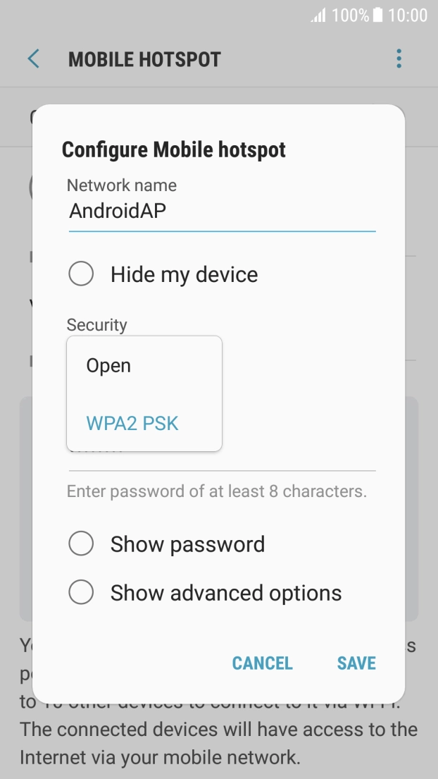 Press WPA2 PSK to password protect your WiFi hotspot. Press WPA2 PSK to password protect your WiFi hotspot.