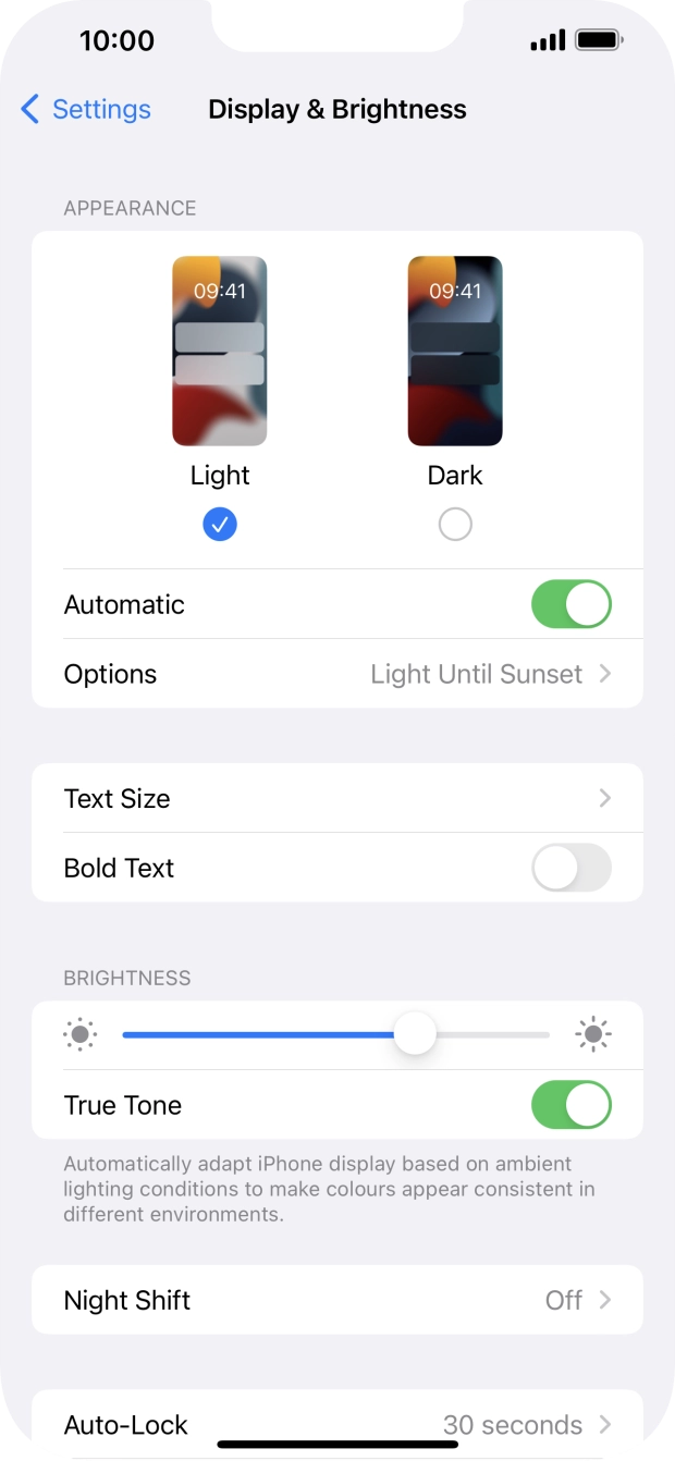 If you turn on the function, press Options and follow the instructions on the screen to select the required period of time for Dark Mode. If you turn on the function, press Options and follow the instructions on the screen to select the required period of time for Dark Mode.