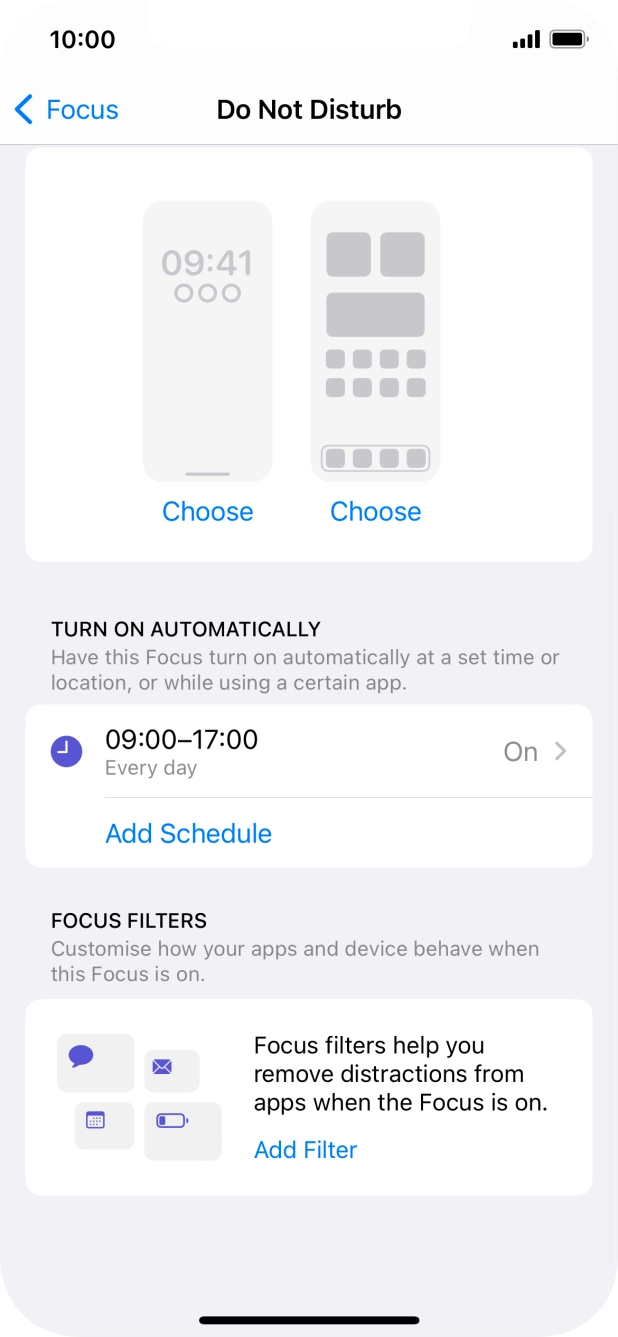 Press Add Schedule and follow the instructions on the screen to select settings for automatic activation of Do Not Disturb. Press Add Schedule and follow the instructions on the screen to select settings for automatic activation of Do Not Disturb.