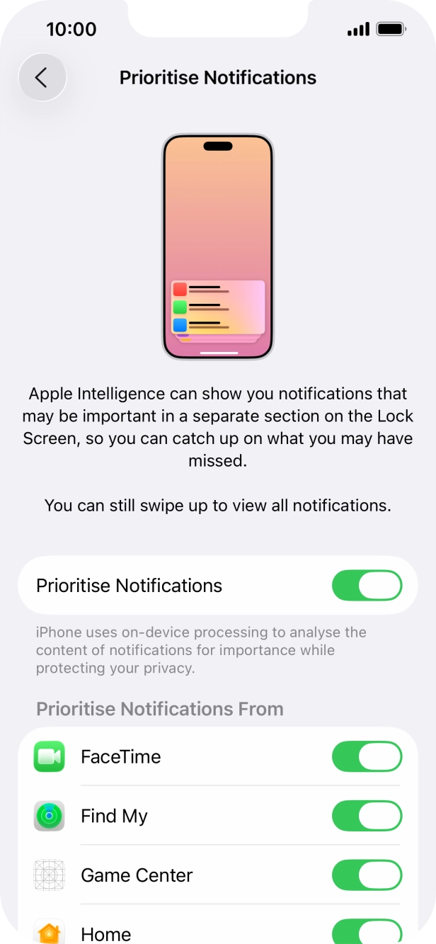 Press the indicator next to 'Prioritise Notifications' to turn the function on or off. Press the indicator next to 'Prioritise Notifications' to turn the function on or off.