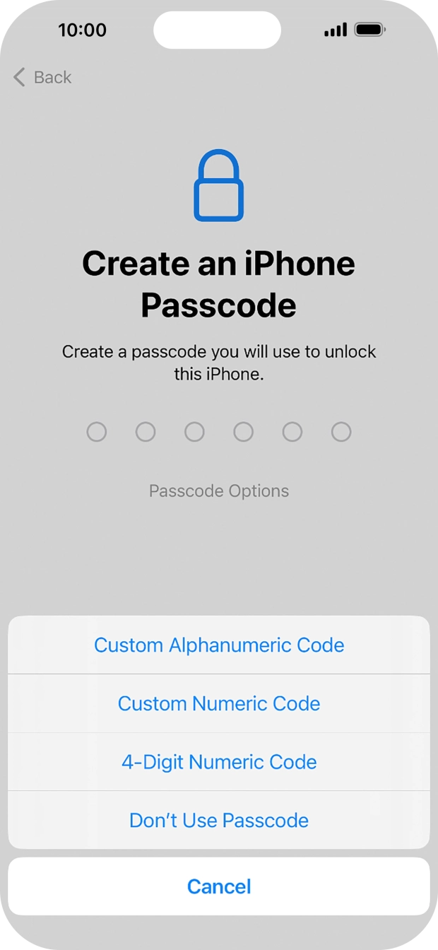 Follow the instructions on the screen to turn on the phone lock code or press Don't Use Passcode.