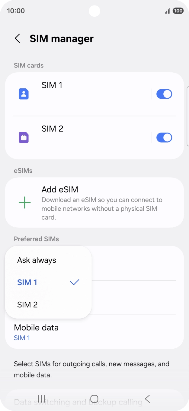 Press the required setting.