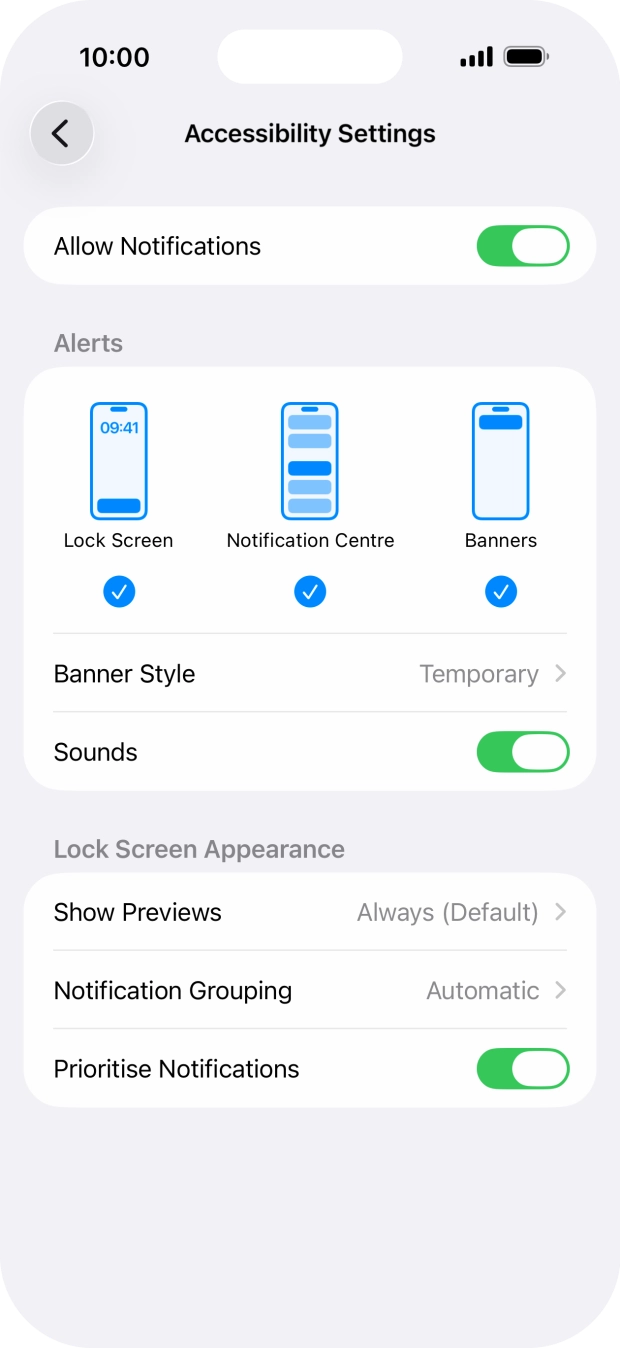 Press the indicator next to 'Allow Notifications' to turn notifications for the selected application on or off. Press the indicator next to 'Allow Notifications' to turn notifications for the selected application on or off.