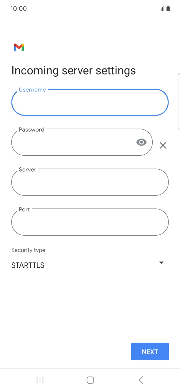Press the field below 'Server' and key in the name of your email provider's incoming server. Press the field below 'Server' and key in the name of your email provider's incoming server.