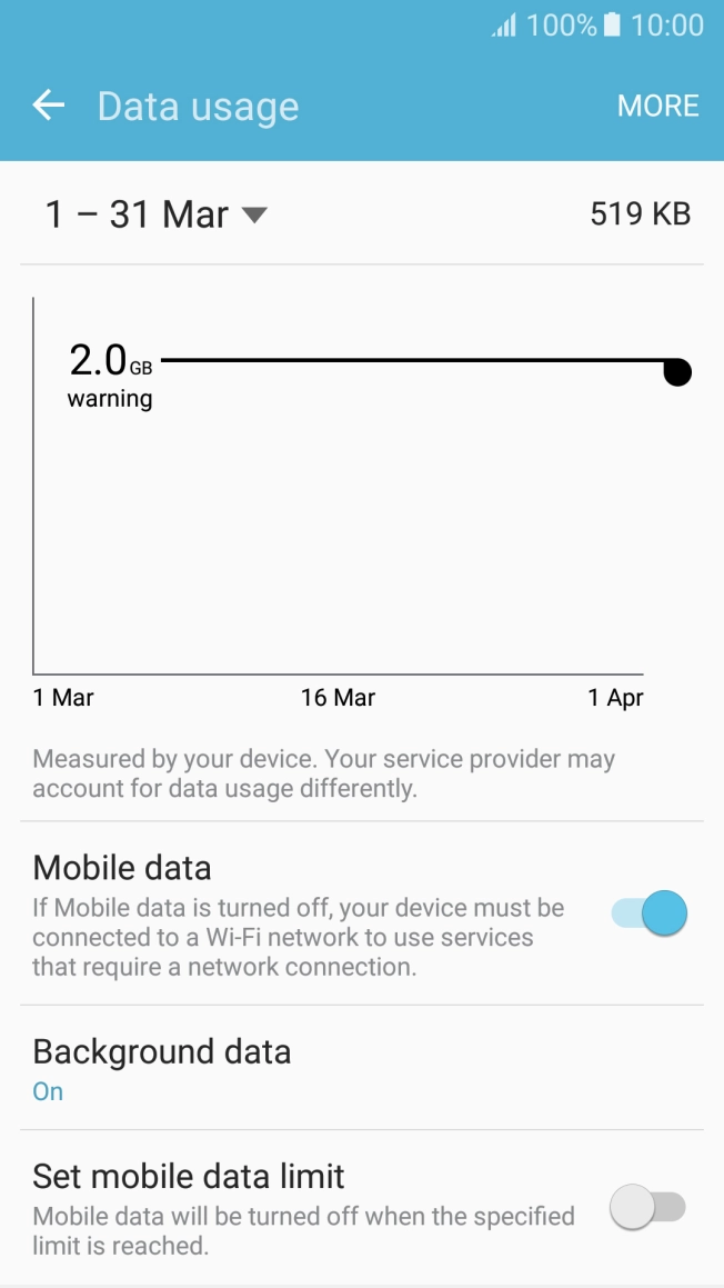 Press the indicator next to 'Mobile data' to turn the function on or off.