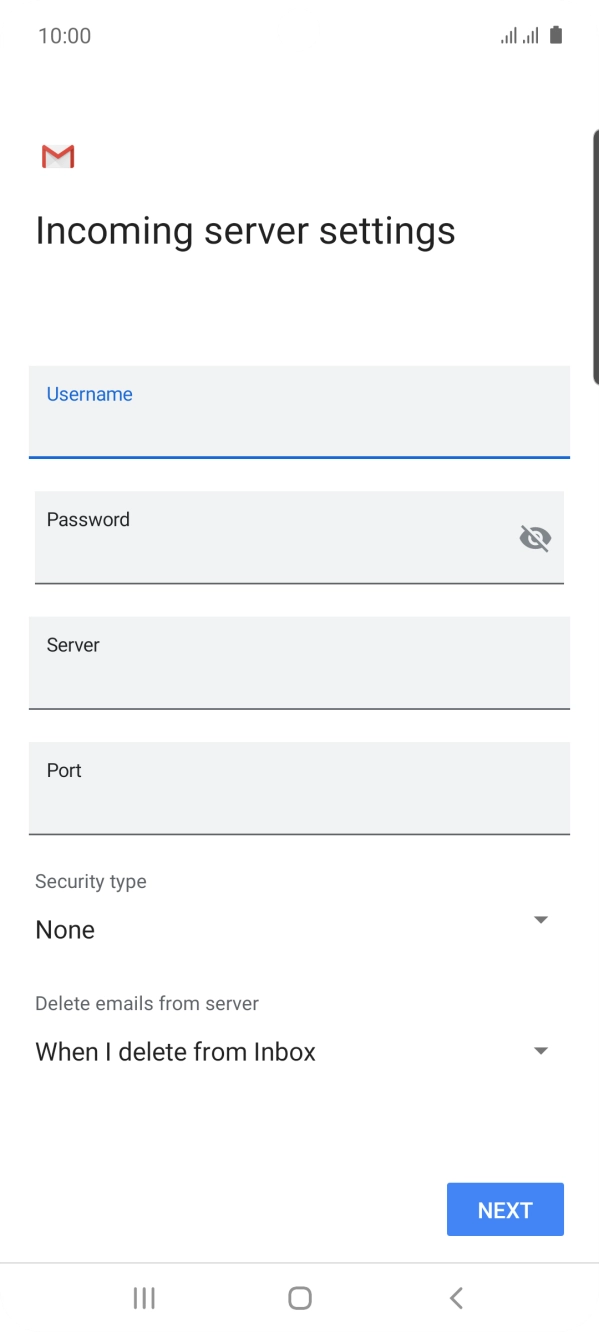 Press the field below 'Server' and key in the name of your email provider's incoming server. Press the field below 'Server' and key in the name of your email provider's incoming server.