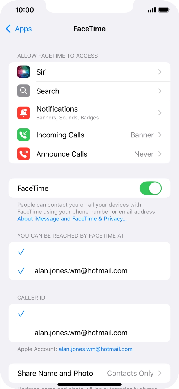 Press the indicator next to 'FaceTime' to turn the function on or off. Press the indicator next to 'FaceTime' to turn the function on or off.