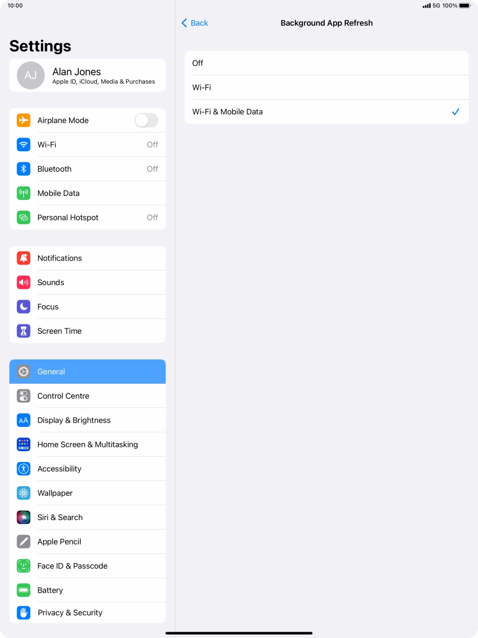To turn off background refresh of apps, press Off. To turn off background refresh of apps, press Off.
