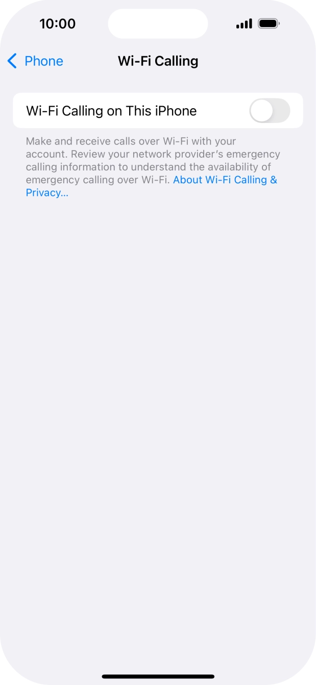 Press the indicator next to 'Wi-Fi Calling on This iPhone' to turn the function on or off. Press the indicator next to 'Wi-Fi Calling on This iPhone' to turn the function on or off.