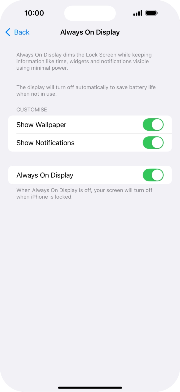 Press the indicator next to 'Always On Display' to turn the function on or off. Press the indicator next to 'Always On Display' to turn the function on or off.