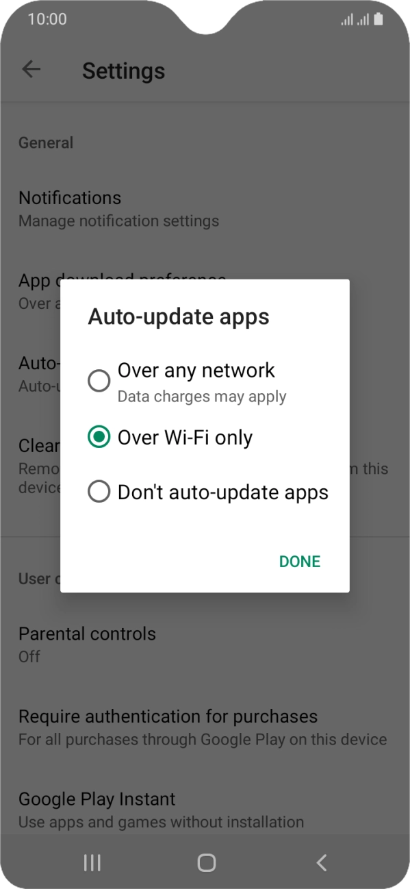 To turn on automatic update of apps using mobile network, press Over any network.
