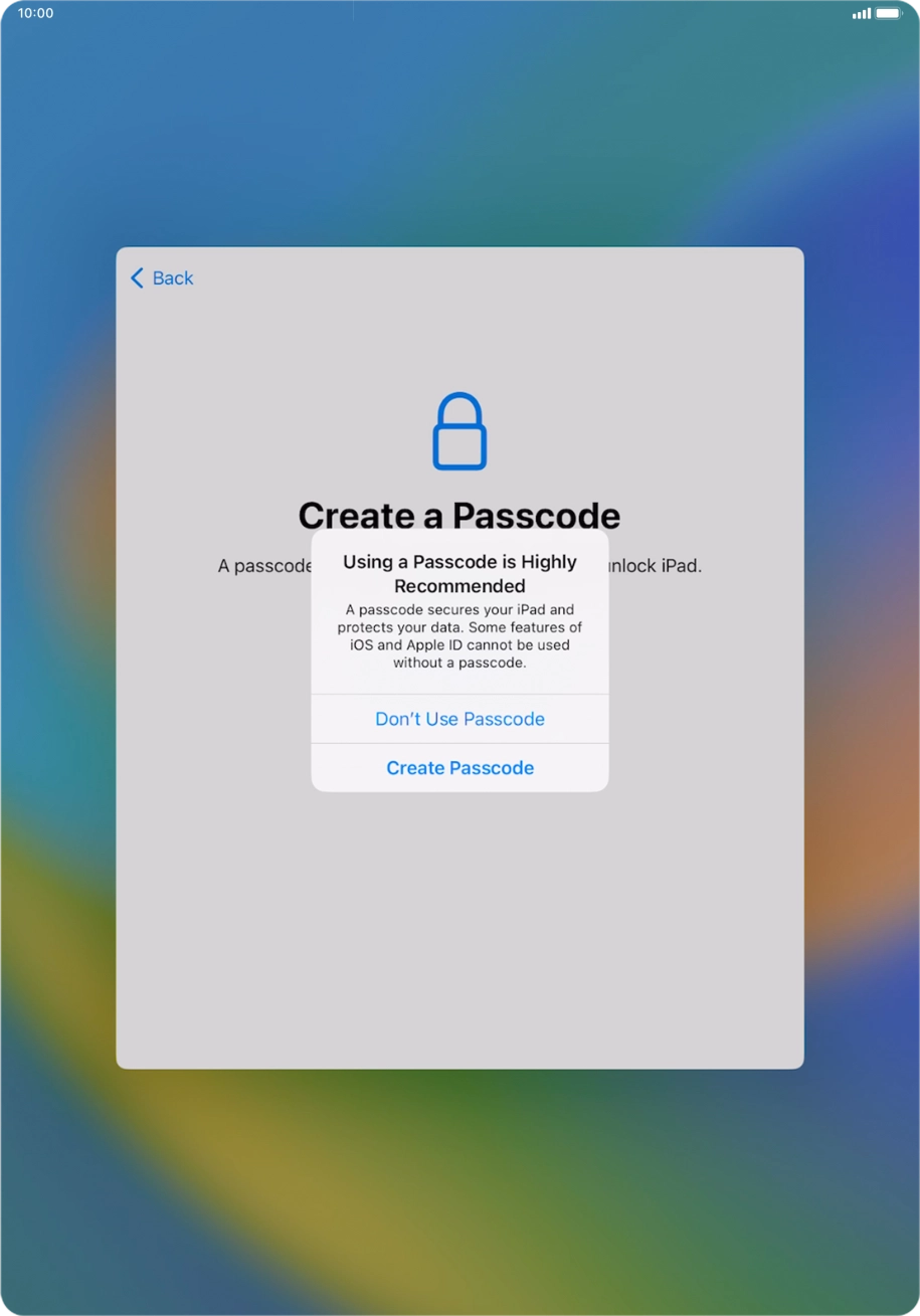 Follow the instructions on the screen to turn on the lock code or press Don't Use Passcode. Follow the instructions on the screen to turn on the lock code or press Don't Use Passcode.