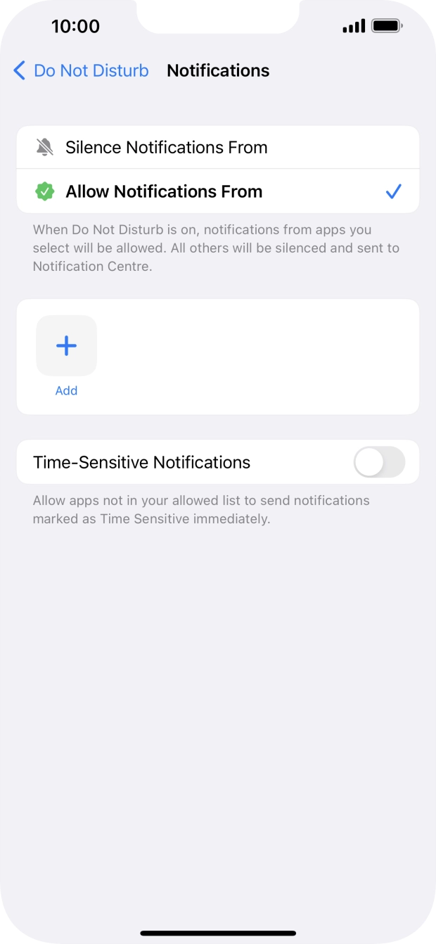 Press the indicator next to 'Time-Sensitive Notifications' to turn display of timed notifications on or off when Do Not Disturb is turned on. Press the indicator next to 'Time-Sensitive Notifications' to turn display of timed notifications on or off when Do Not Disturb is turned on.