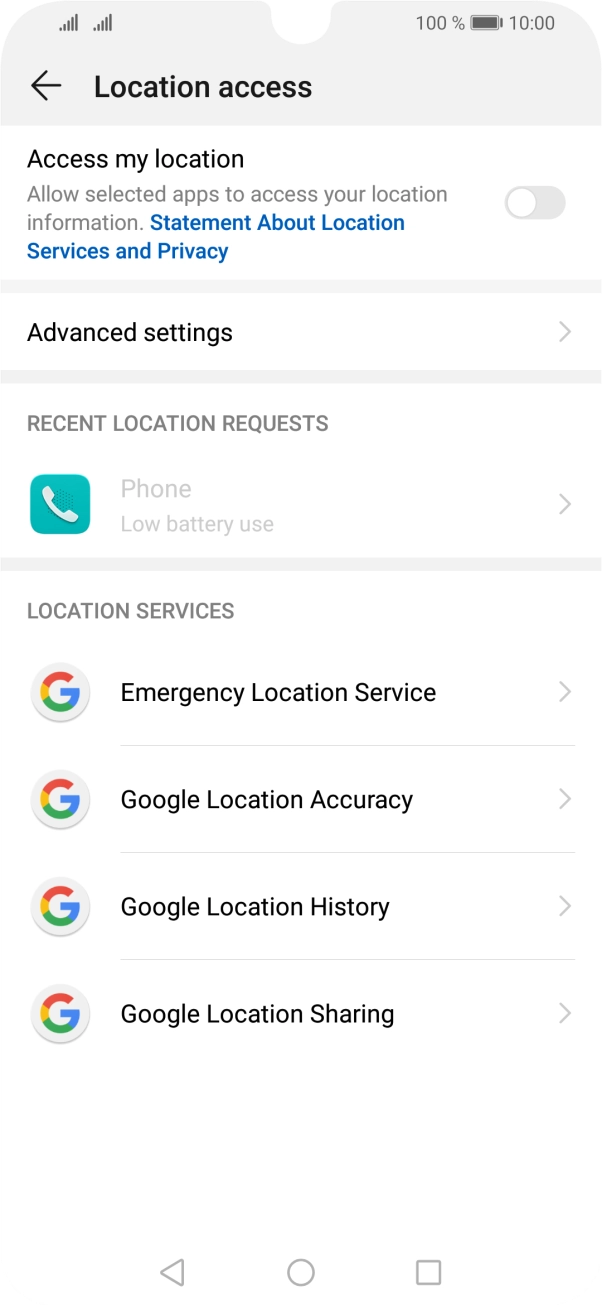 Press the indicator next to 'Access my location' to turn the function on or off. Press the indicator next to 'Access my location' to turn the function on or off.