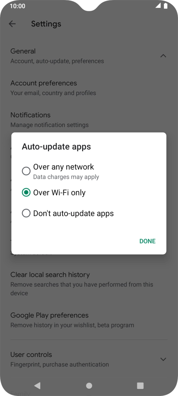 To turn on automatic update of apps using mobile network, press Over any network.