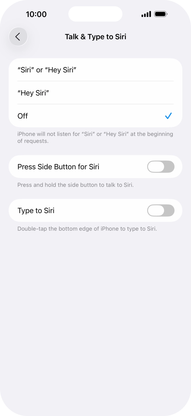Press the indicator next to 'Press Side Button for Siri' to turn on the function. Press the indicator next to 'Press Side Button for Siri' to turn on the function.