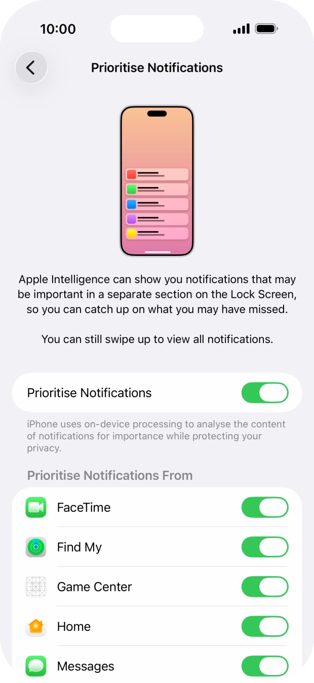 Press the indicator next to 'Prioritise Notifications' to turn the function on or off. Press the indicator next to 'Prioritise Notifications' to turn the function on or off.