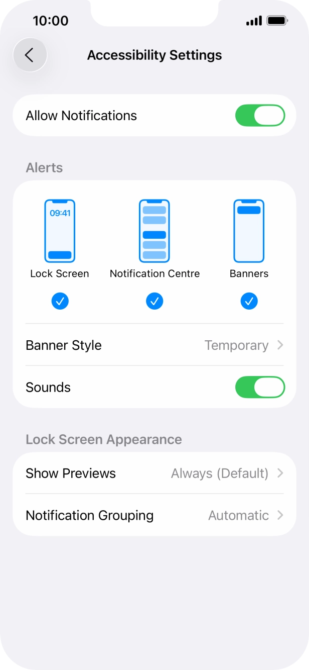 Press the indicator next to 'Allow Notifications' to turn notifications for the selected application on or off. Press the indicator next to 'Allow Notifications' to turn notifications for the selected application on or off.
