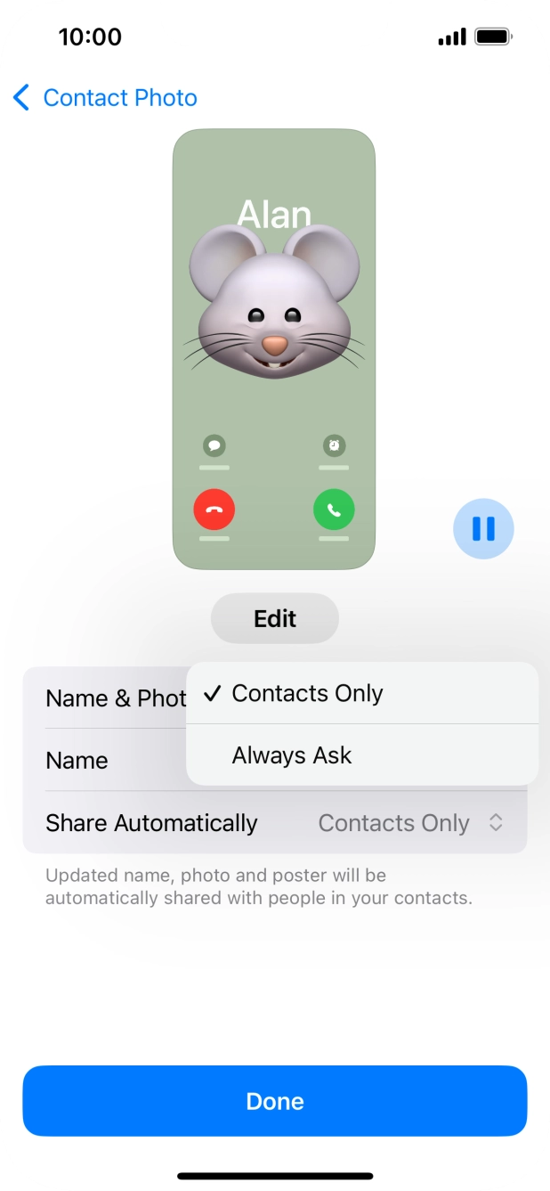 Press the required setting.