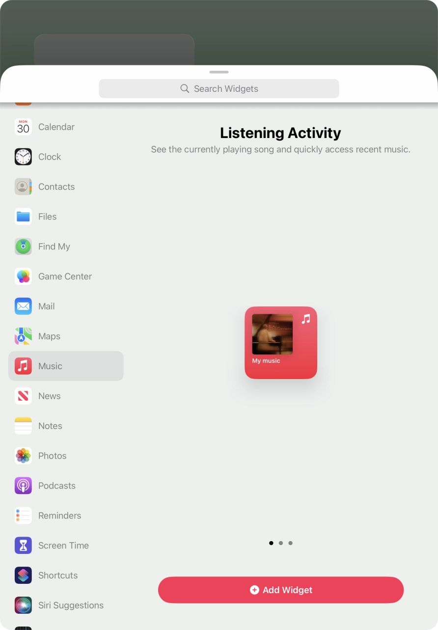 Slide your finger right or left on the screen to select the required widget size.