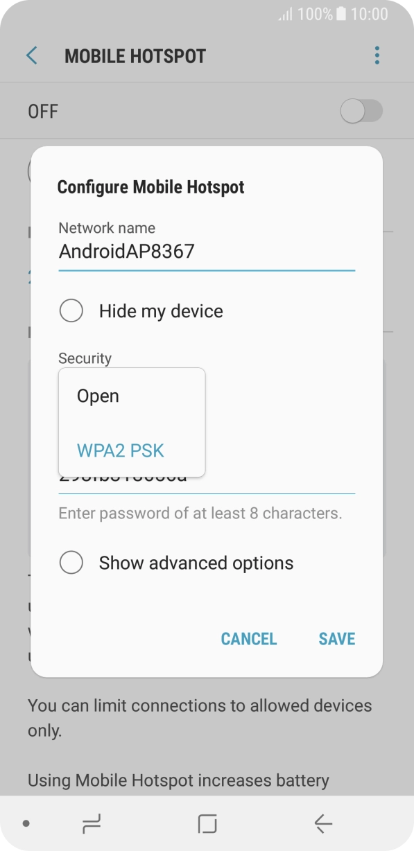 Press WPA2 PSK to password protect your WiFi hotspot. Press WPA2 PSK to password protect your WiFi hotspot.