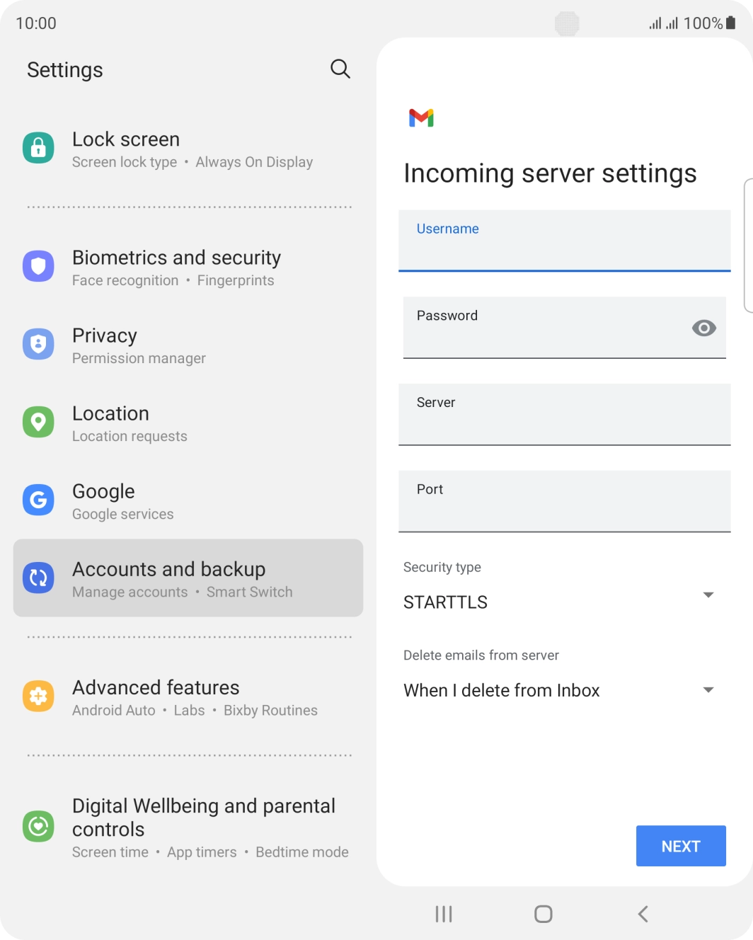Press the field below 'Server' and key in the name of your email provider's incoming server. Press the field below 'Server' and key in the name of your email provider's incoming server.
