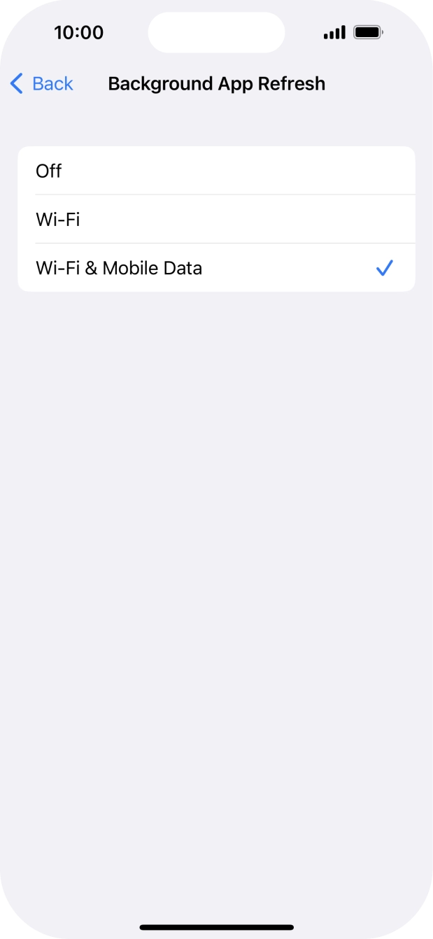 To turn off background refresh of apps, press Off. To turn off background refresh of apps, press Off.