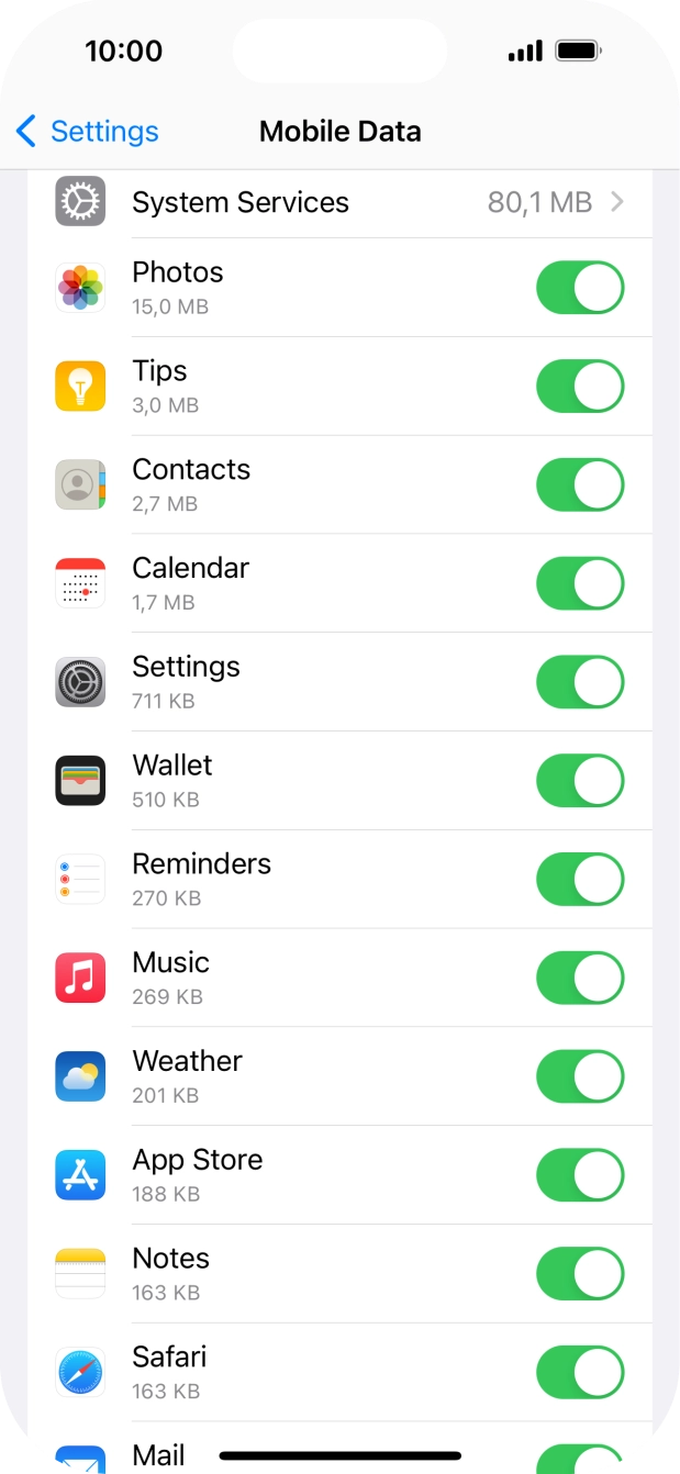 Press the indicators next to the required applications to turn the function on or off.