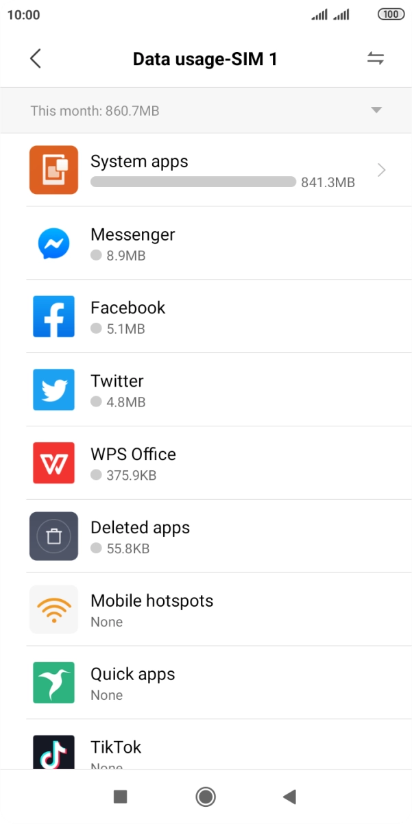 The data usage for each application is displayed below the name of the application.