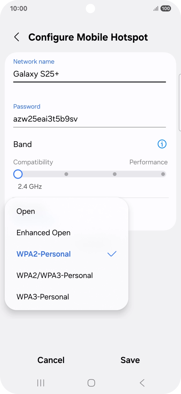 Press WPA3-Personal to password protect your WiFi hotspot. Press WPA3-Personal to password protect your WiFi hotspot.