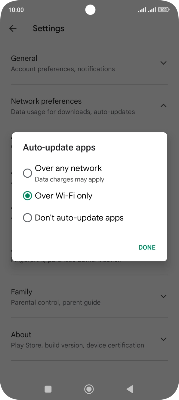 To turn on automatic update of apps using mobile network, press Over any network.