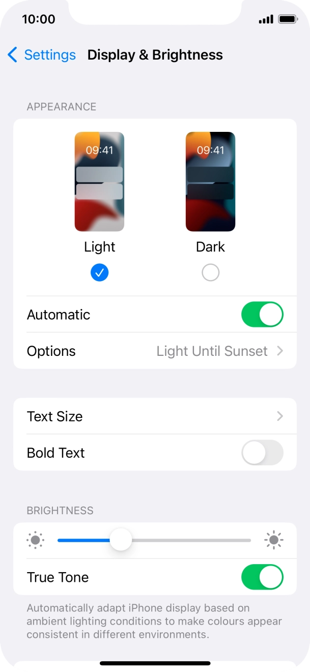 If you turn on the function, press Options and follow the instructions on the screen to select the required period of time for Dark Mode. If you turn on the function, press Options and follow the instructions on the screen to select the required period of time for Dark Mode.