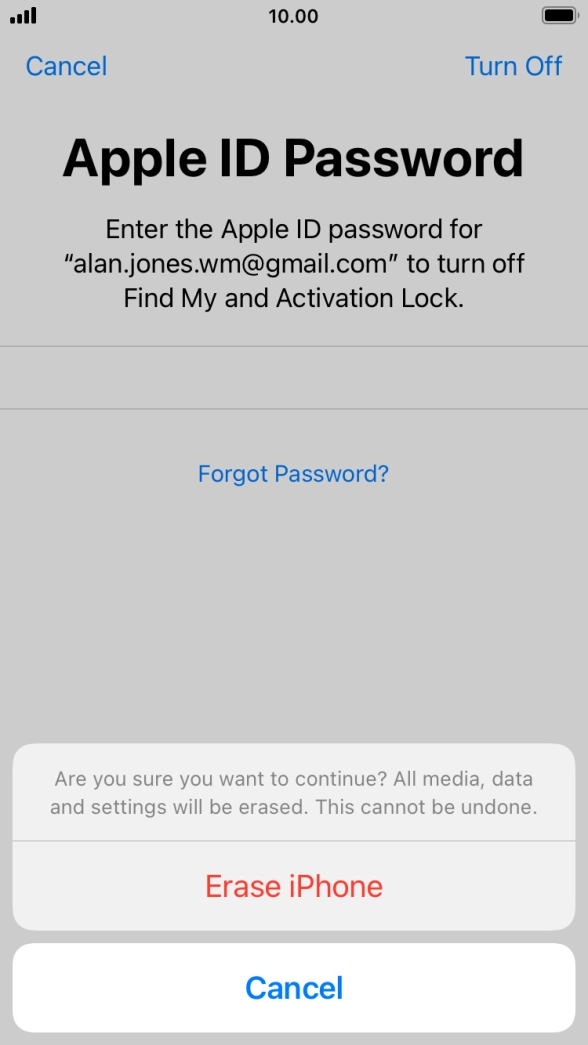 Key in the password for your Apple ID and press Erase iPhone. Wait a moment while the factory default settings are restored. Follow the instructions on the screen to set up your phone and prepare it for use.
