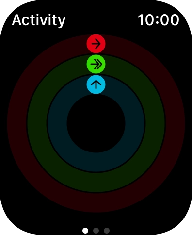 The screen will tell you how far you are from completing your daily activity goals. When the coloured rings are closed, you've reached the goals of your daily activity. The screen will tell you how far you are from completing your daily activity goals. When the coloured rings are closed, you've reached the goals of your daily activity.